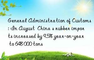 general administration of customs: in august  china s rubber imports increased by 9.5% year-on-year to 648 000 tons